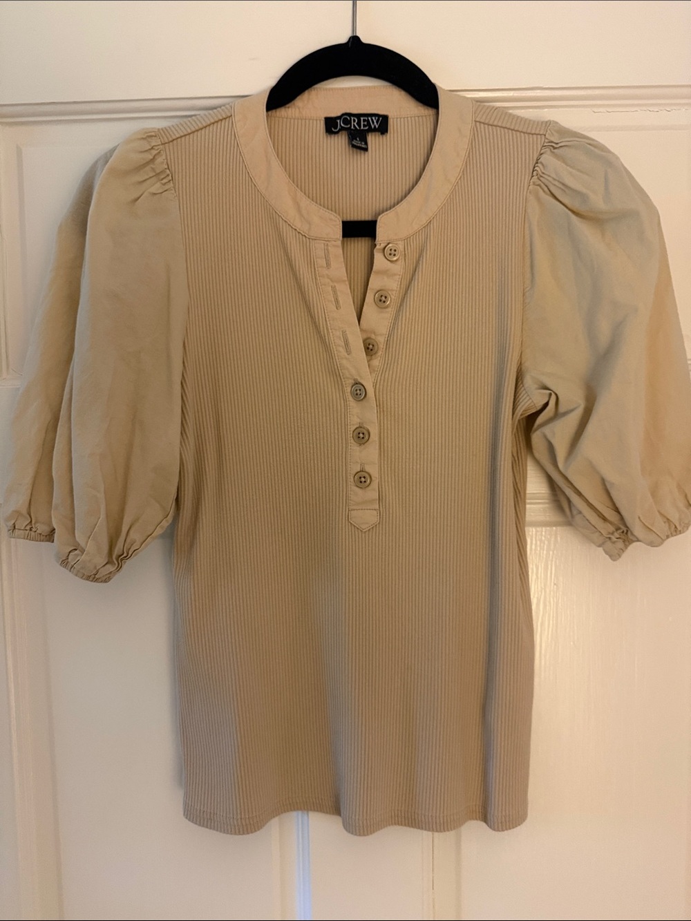 J. Crew Beige Puff-Sleeve Ribbed Henley Top